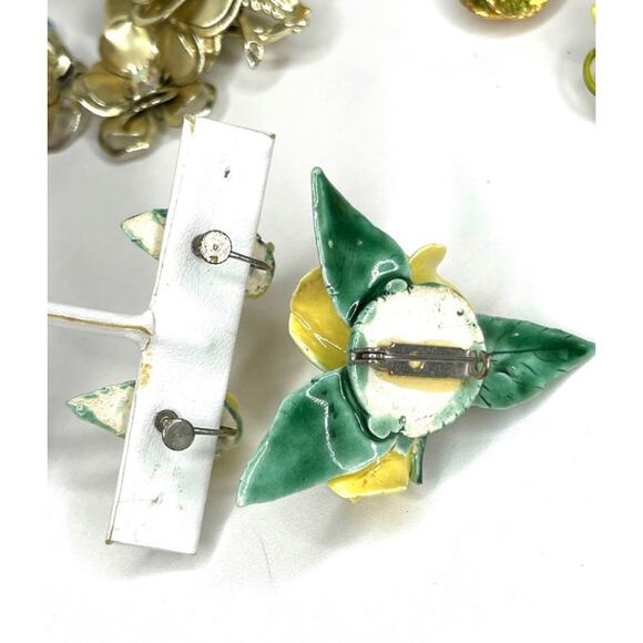VINTAGE Brooch Earrings Yellow Rose Porcelain Capodimonte vtg Flower AU01 - Picture 5 of 6